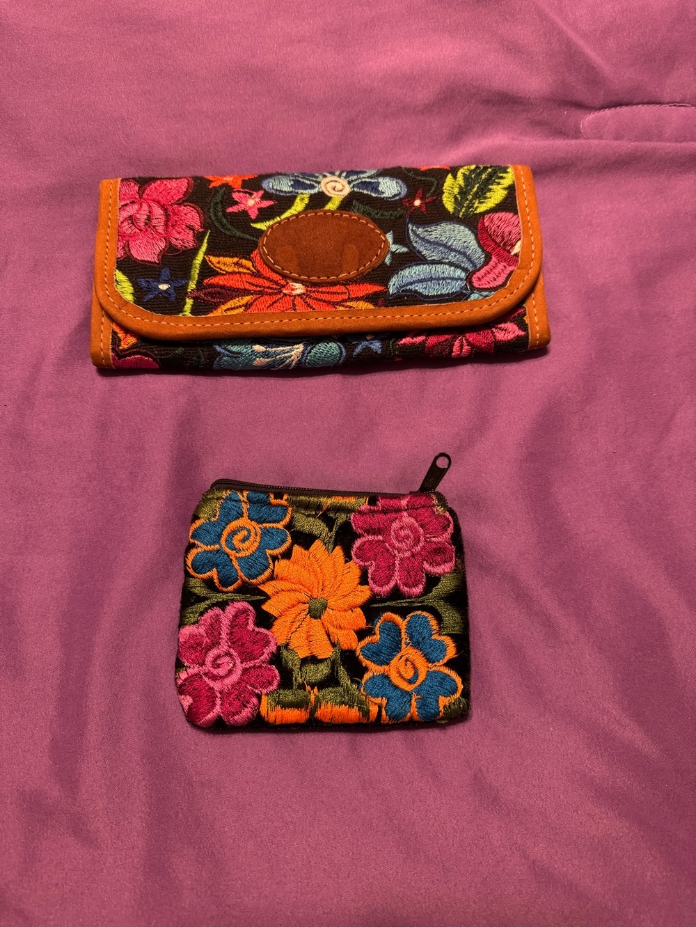 Floral Embroidered Wallet and Coin Pouch - Multicolor